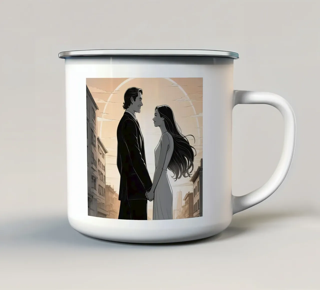 Coppia che si tiene per mano in una strada cittadina con sole ed edifici tazza in smalto da DesignDoodle