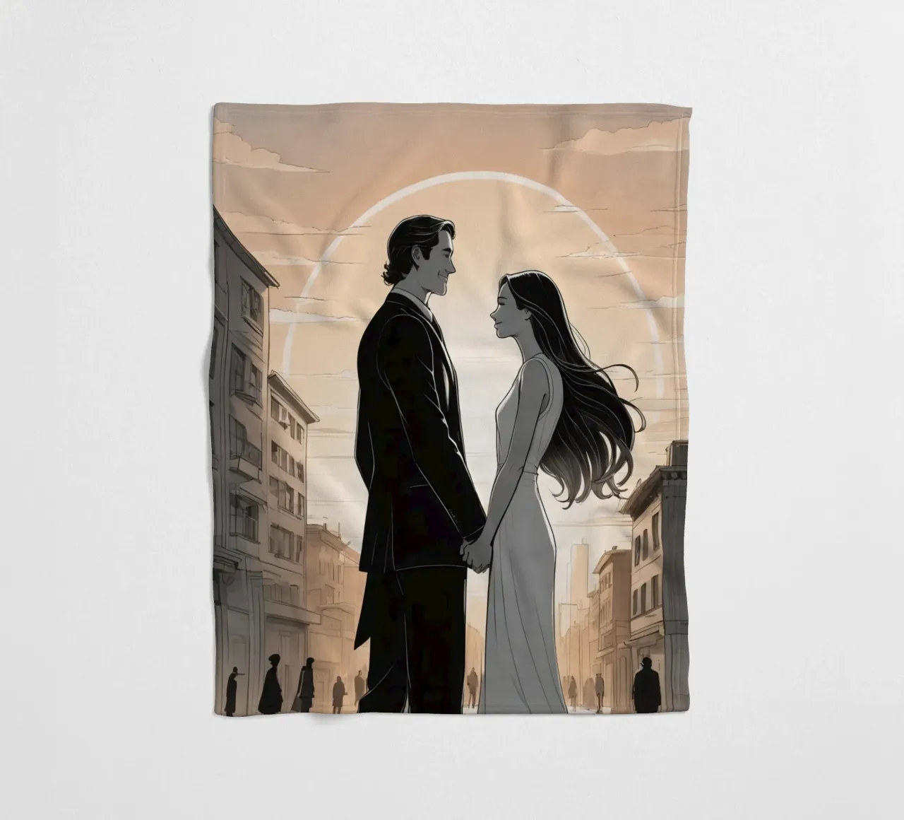 Coppia che si tiene per mano in una strada cittadina con sole ed edifici coperta in pile da DesignDoodle