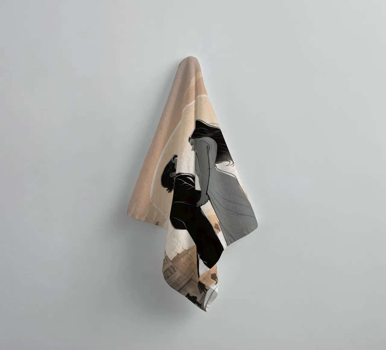 Coppia che si tiene per mano in una strada cittadina con sole ed edifici asciugamano da bagno da DesignDoodle