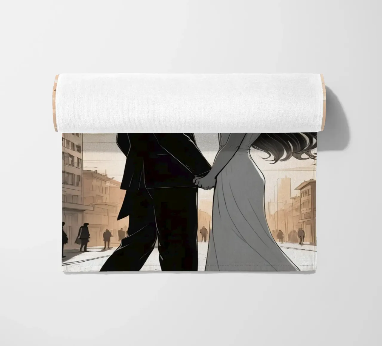 Coppia che si tiene per mano in una strada cittadina con sole ed edifici telo mare da DesignDoodle