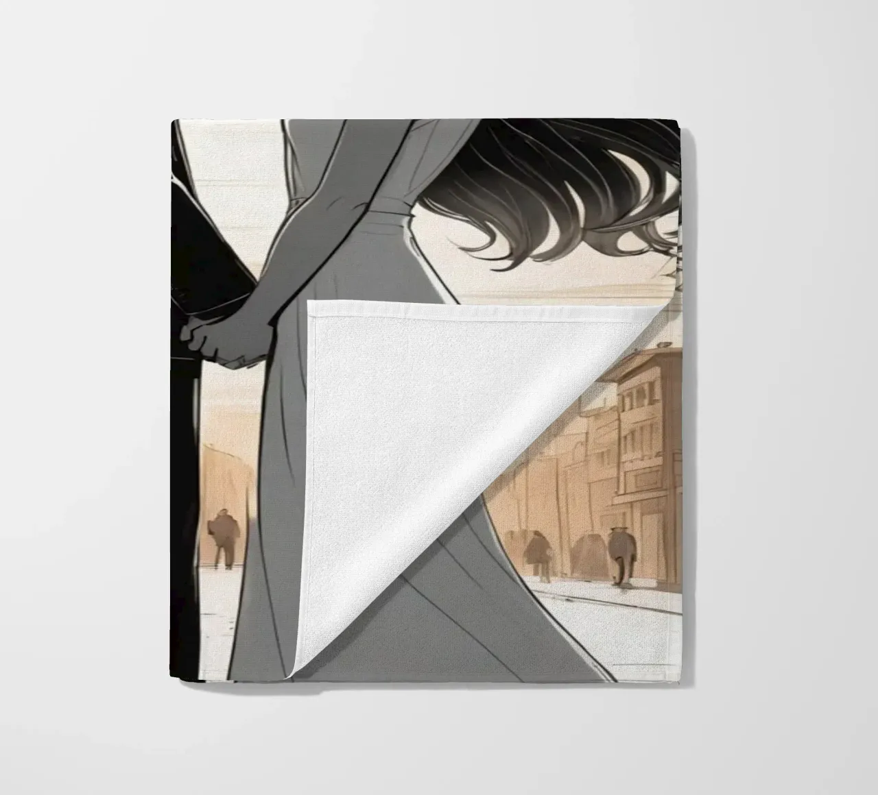 Coppia che si tiene per mano in una strada cittadina con sole ed edifici telo mare da DesignDoodle