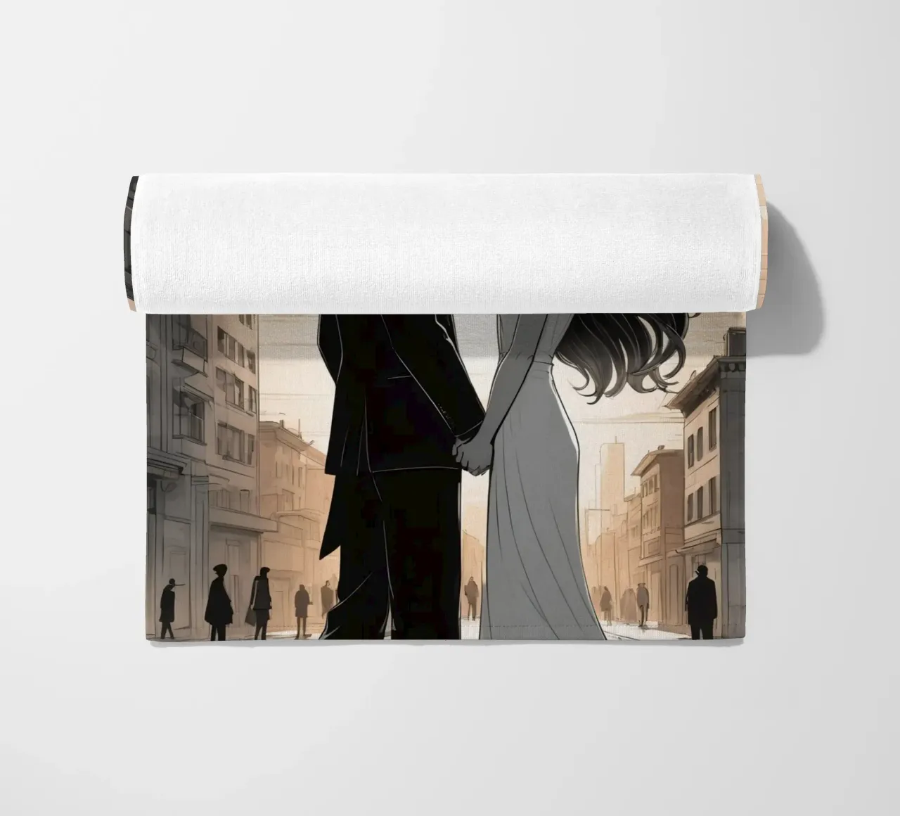 Coppia che si tiene per mano in una strada cittadina con sole ed edifici telo mare da DesignDoodle