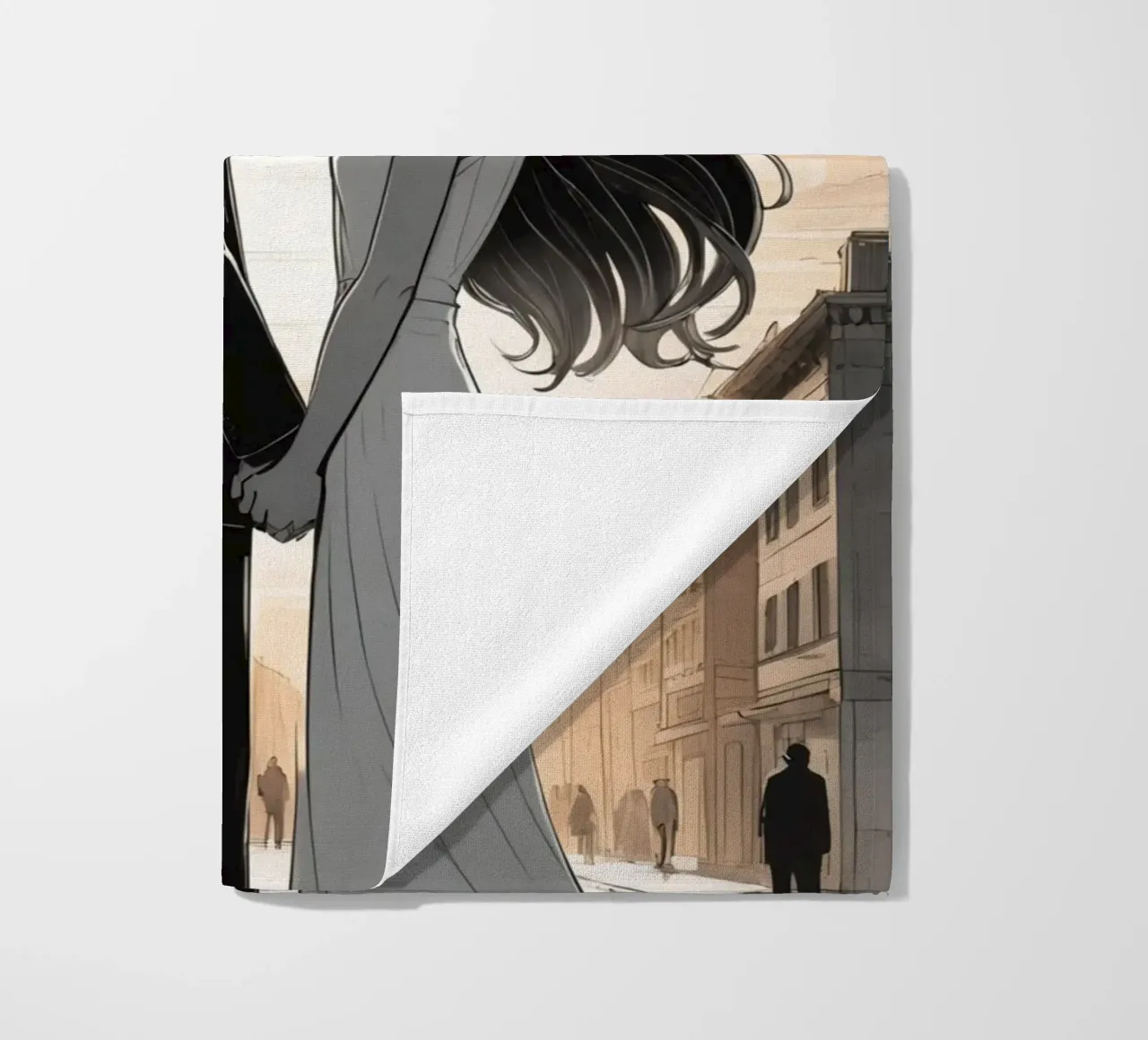 Coppia che si tiene per mano in una strada cittadina con sole ed edifici telo mare da DesignDoodle
