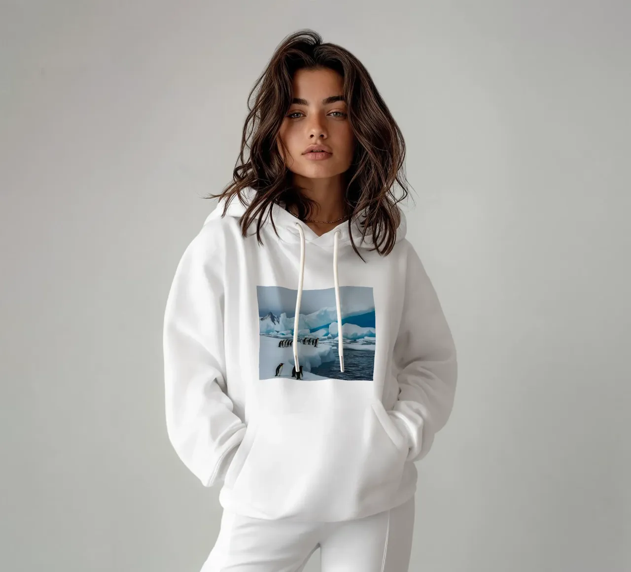 Pinguini imperatore su una distesa di ghiaccio con iceberg e montagne felpa con cappuccio da DesignDoodle