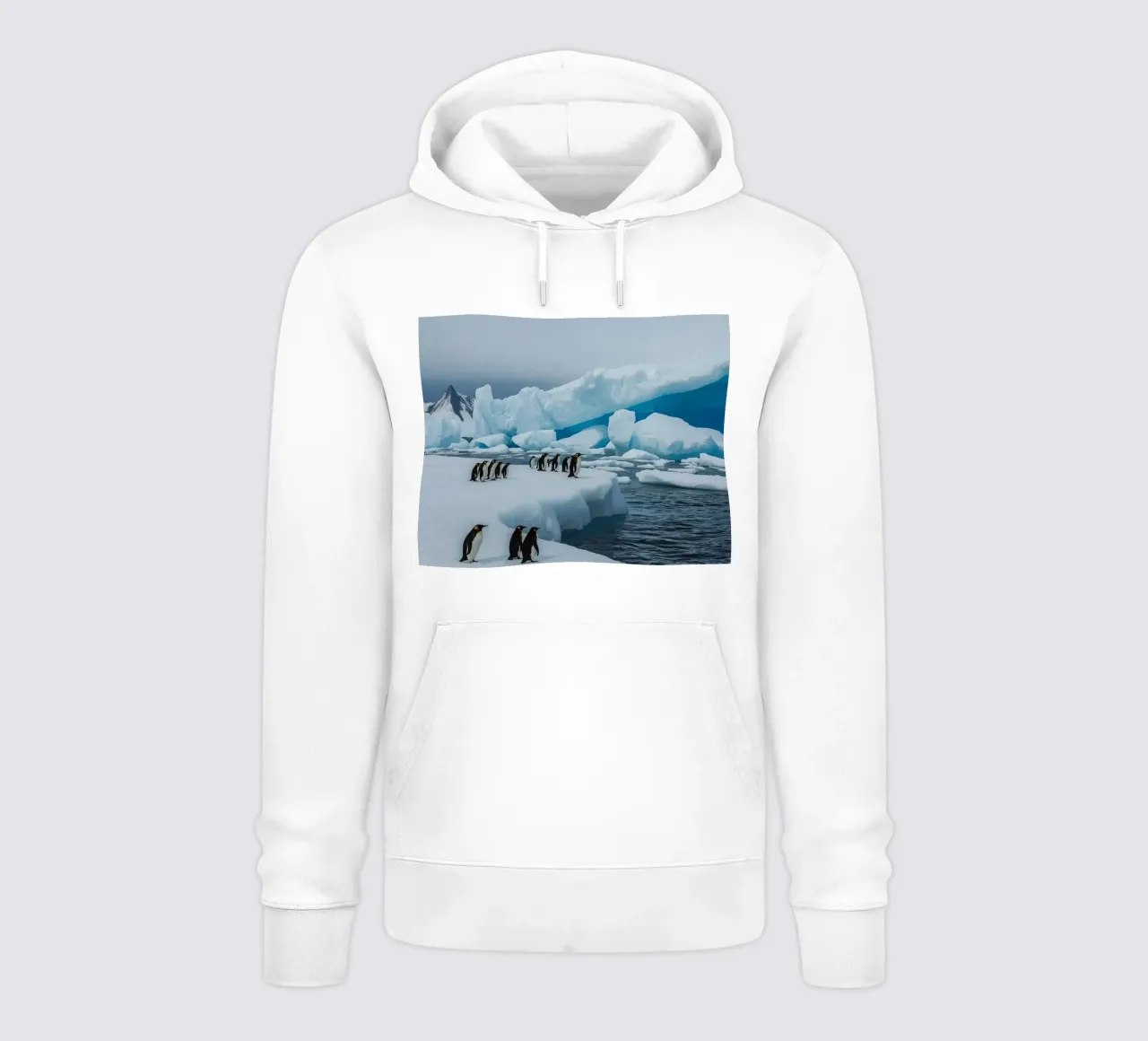 Pinguini imperatore su una distesa di ghiaccio con iceberg e montagne felpa con cappuccio da DesignDoodle
