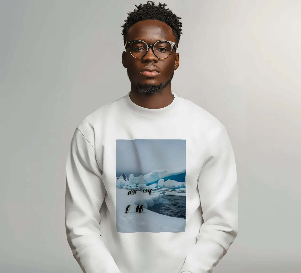 Pinguini imperatore su una distesa di ghiaccio con iceberg e montagne felpa da DesignDoodle