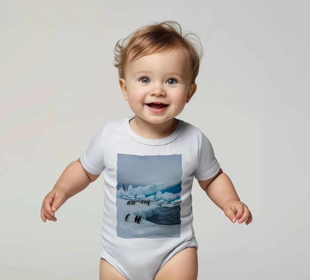 Emperor Penguins on Ice Floe with Icebergs and Mountains short-sleeve baby romper by DesignDoodle