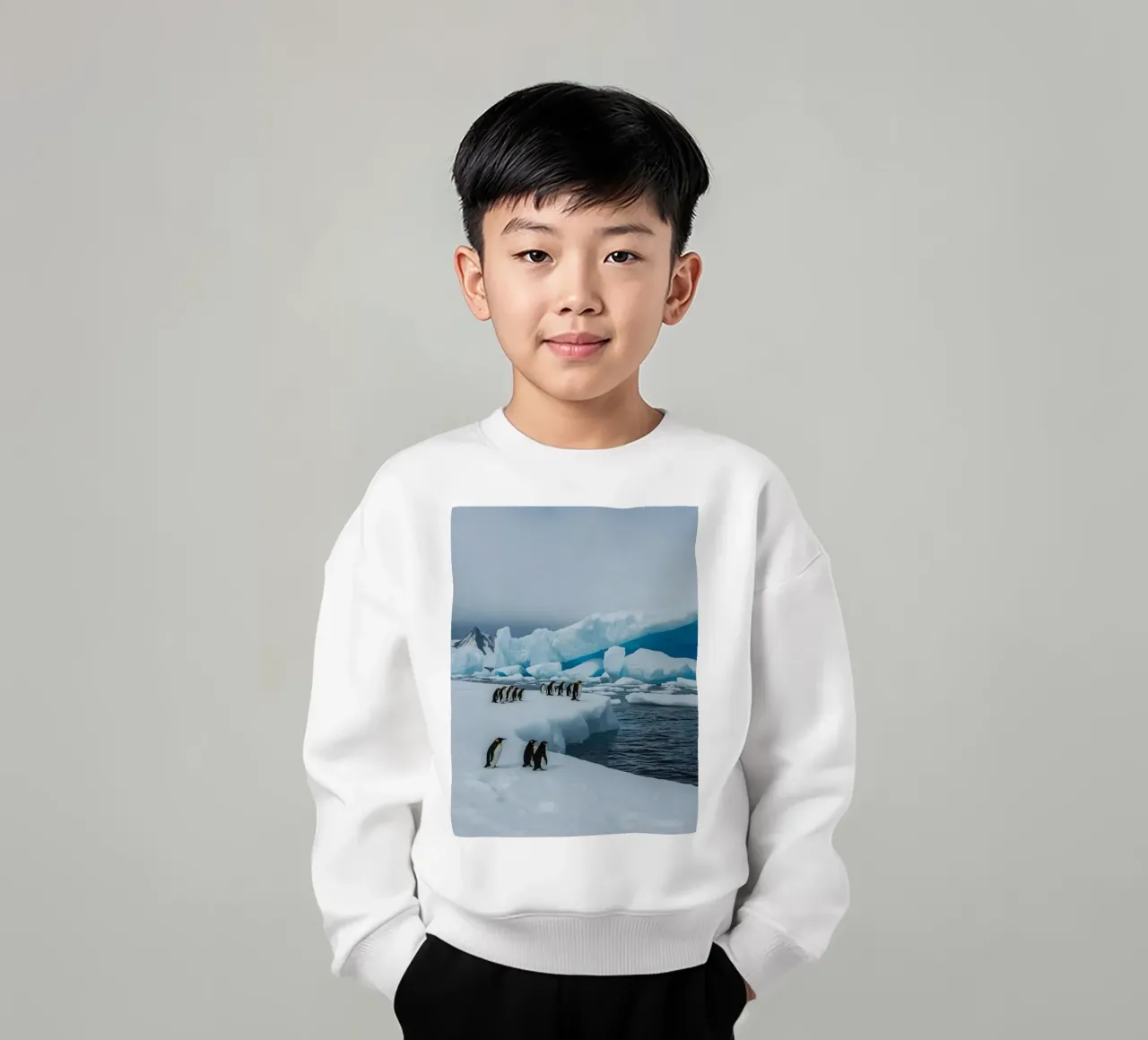 Pinguini imperatore su una distesa di ghiaccio con iceberg e montagne felpa bambino da DesignDoodle