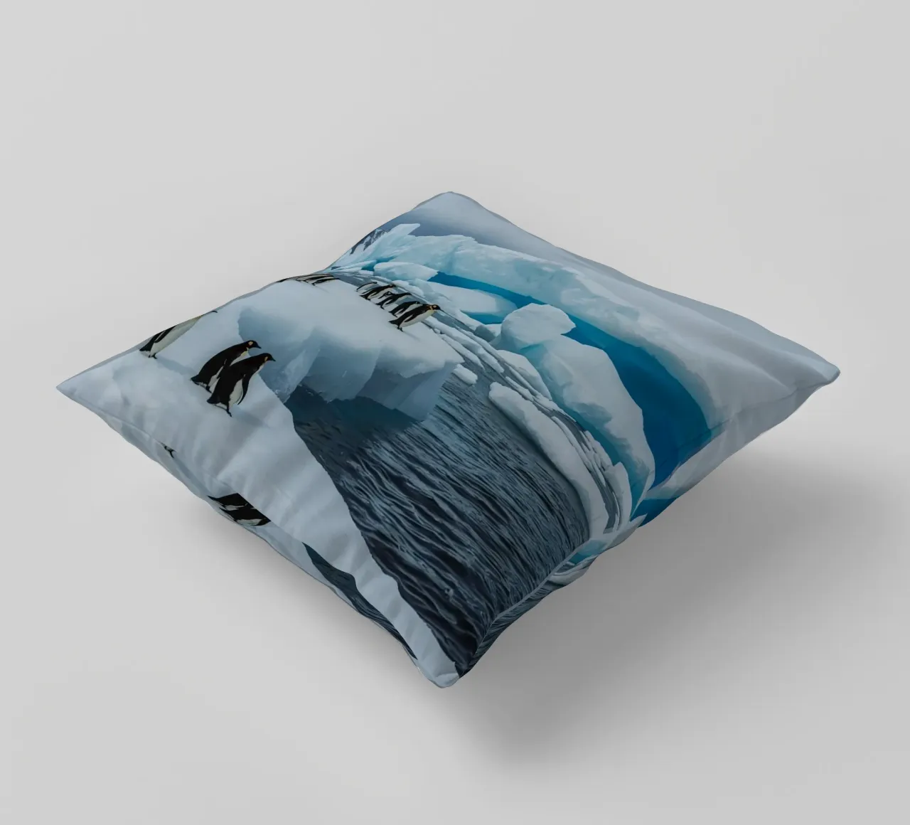 Pinguini imperatore su una distesa di ghiaccio con iceberg e montagne cuscino da DesignDoodle