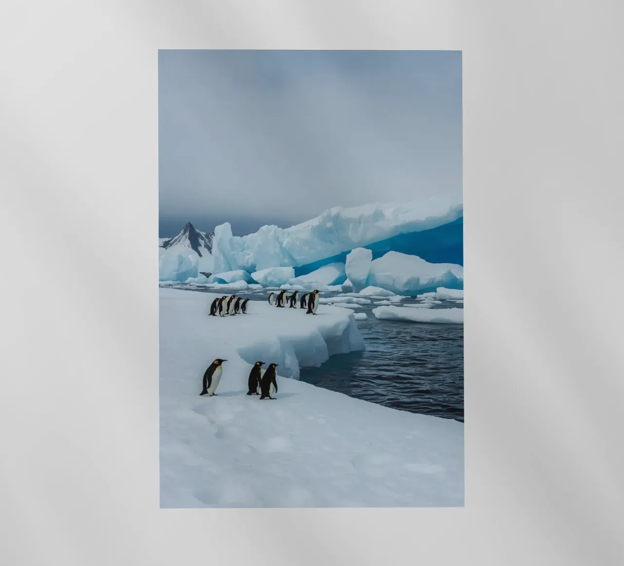 Pinguini imperatore su una distesa di ghiaccio con iceberg e montagne pellicola backlit da DesignDoodle