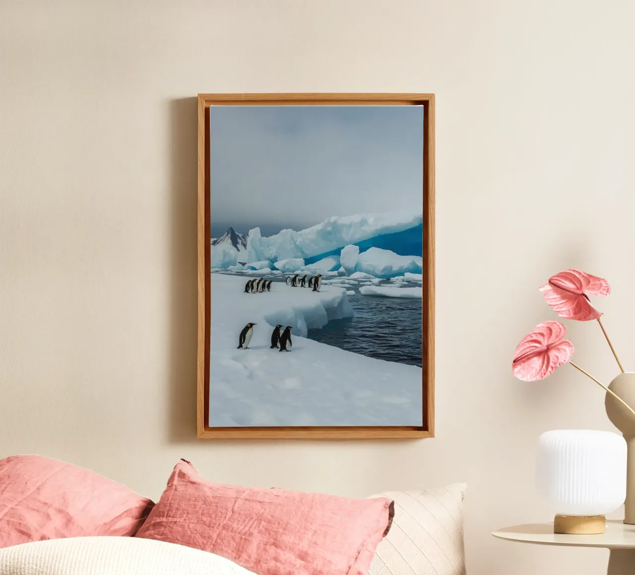 Emperor Penguins on Ice Floe with Icebergs and Mountains canvas by DesignDoodle