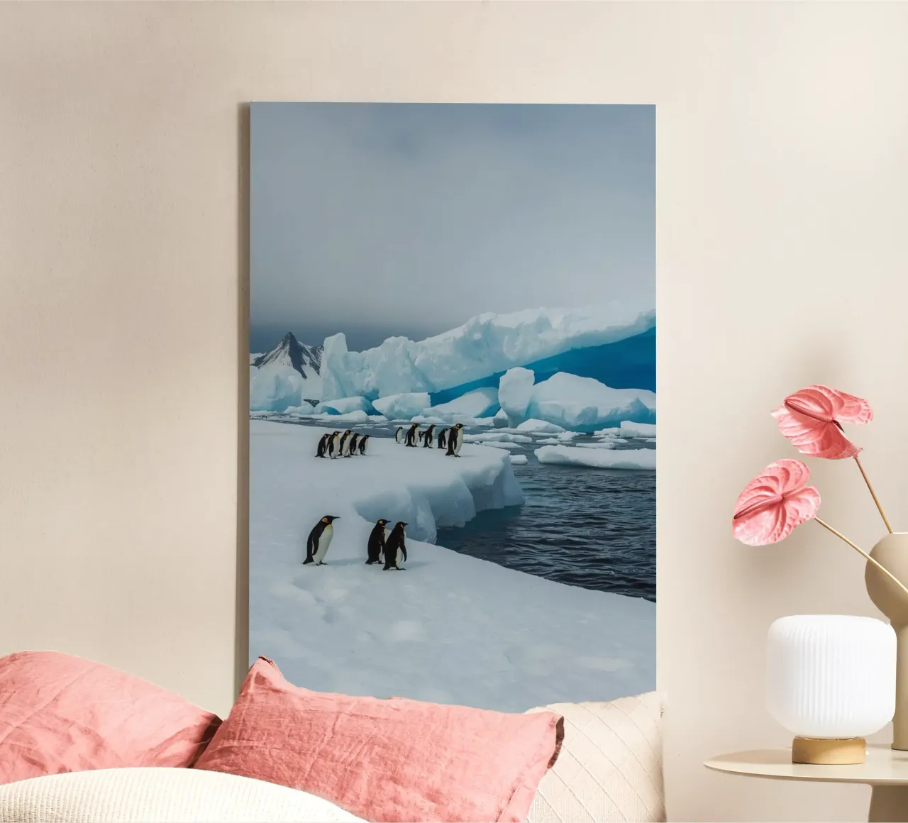 Emperor Penguins on Ice Floe with Icebergs and Mountains canvas by DesignDoodle