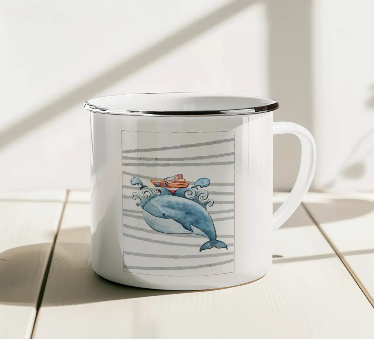 Divertente acquerello di balena tazza in smalto da Damion Francis