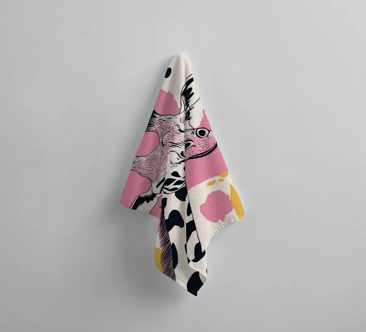 Giraffe Portrait with Abstract Pink Background towel by Damion Francis