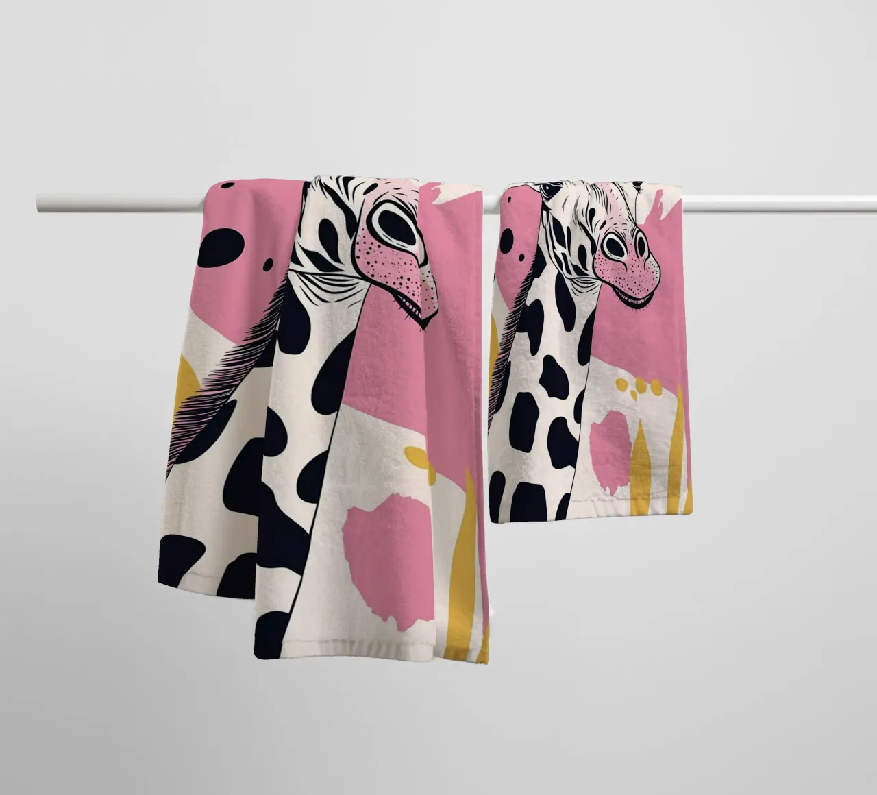 Giraffe Portrait with Abstract Pink Background towel by Damion Francis