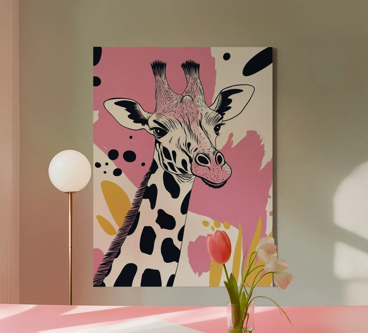 Giraffe Portrait with Abstract Pink Background canvas by Damion Francis