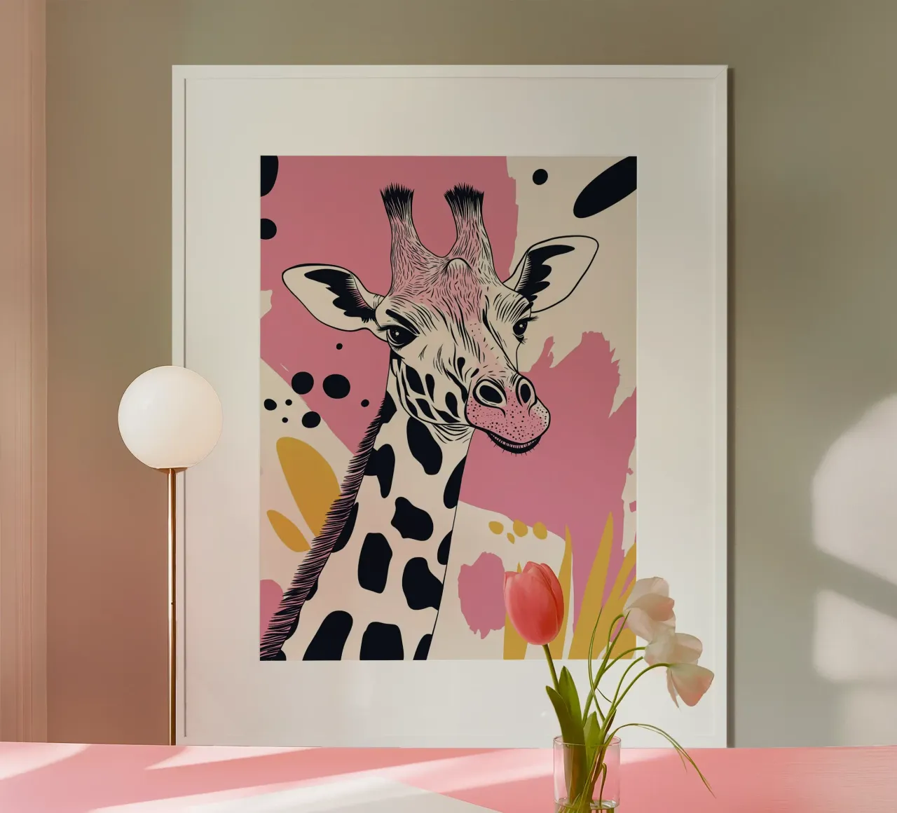 Giraffe Portrait with Abstract Pink Background hahnemühle by Damion Francis
