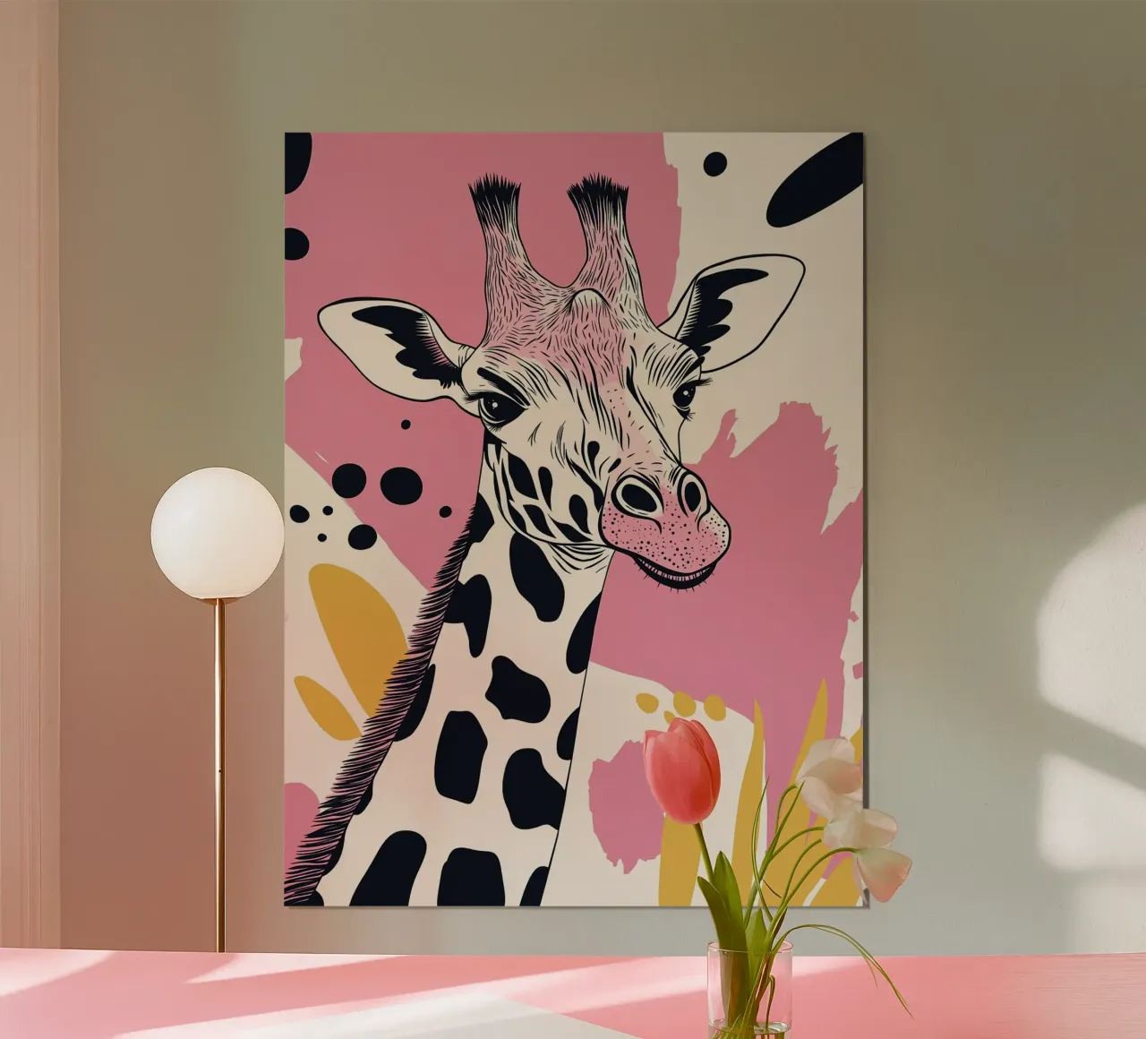 Giraffe Portrait with Abstract Pink Background hahnemühle by Damion Francis