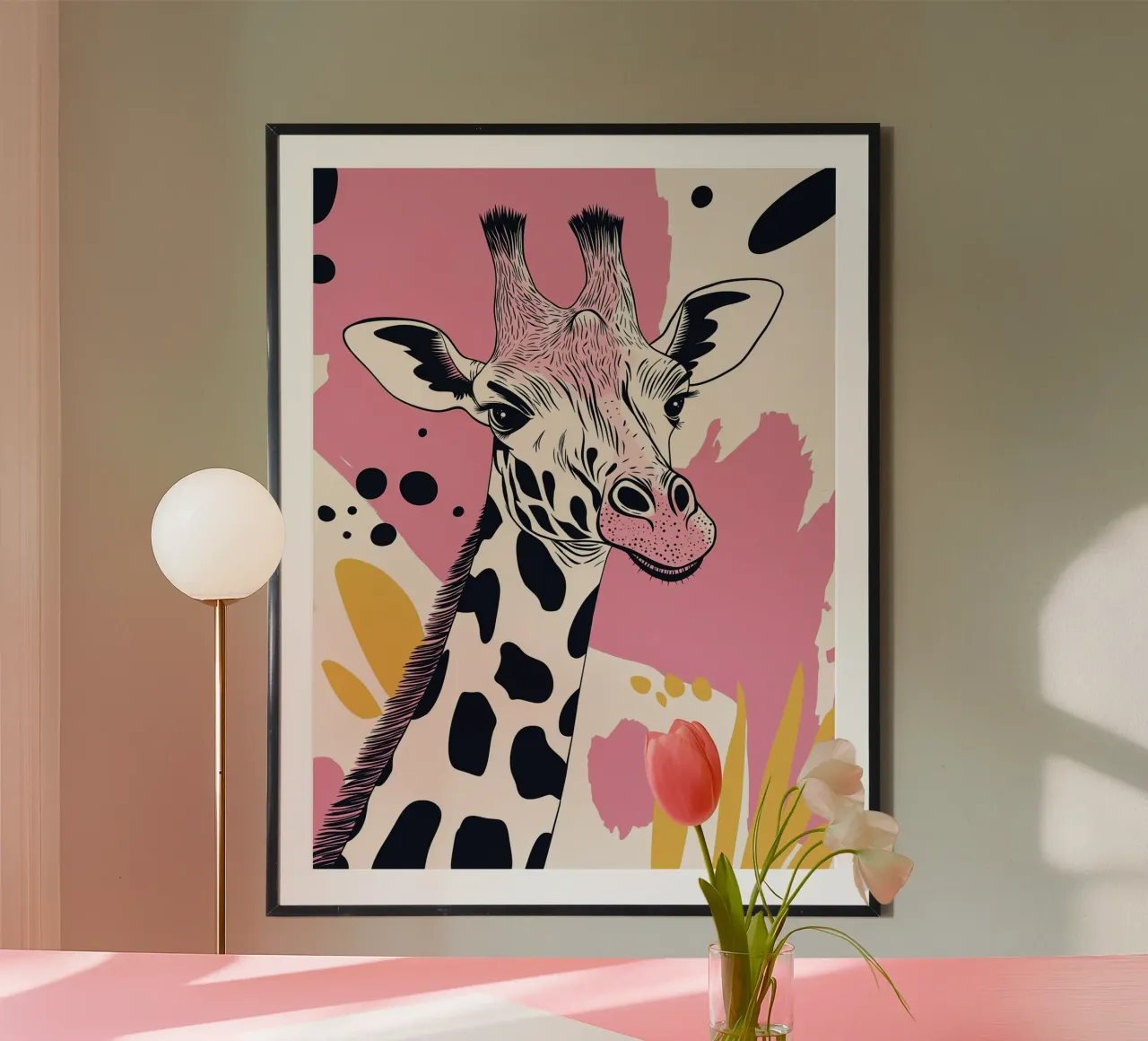 Giraffe Portrait with Abstract Pink Background hahnemühle by Damion Francis