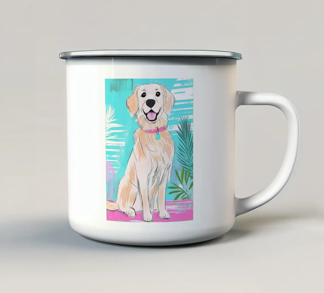 Golden Retriever con foglie di palma Regalo per gli amanti dei cani tazza in smalto da Damion Francis