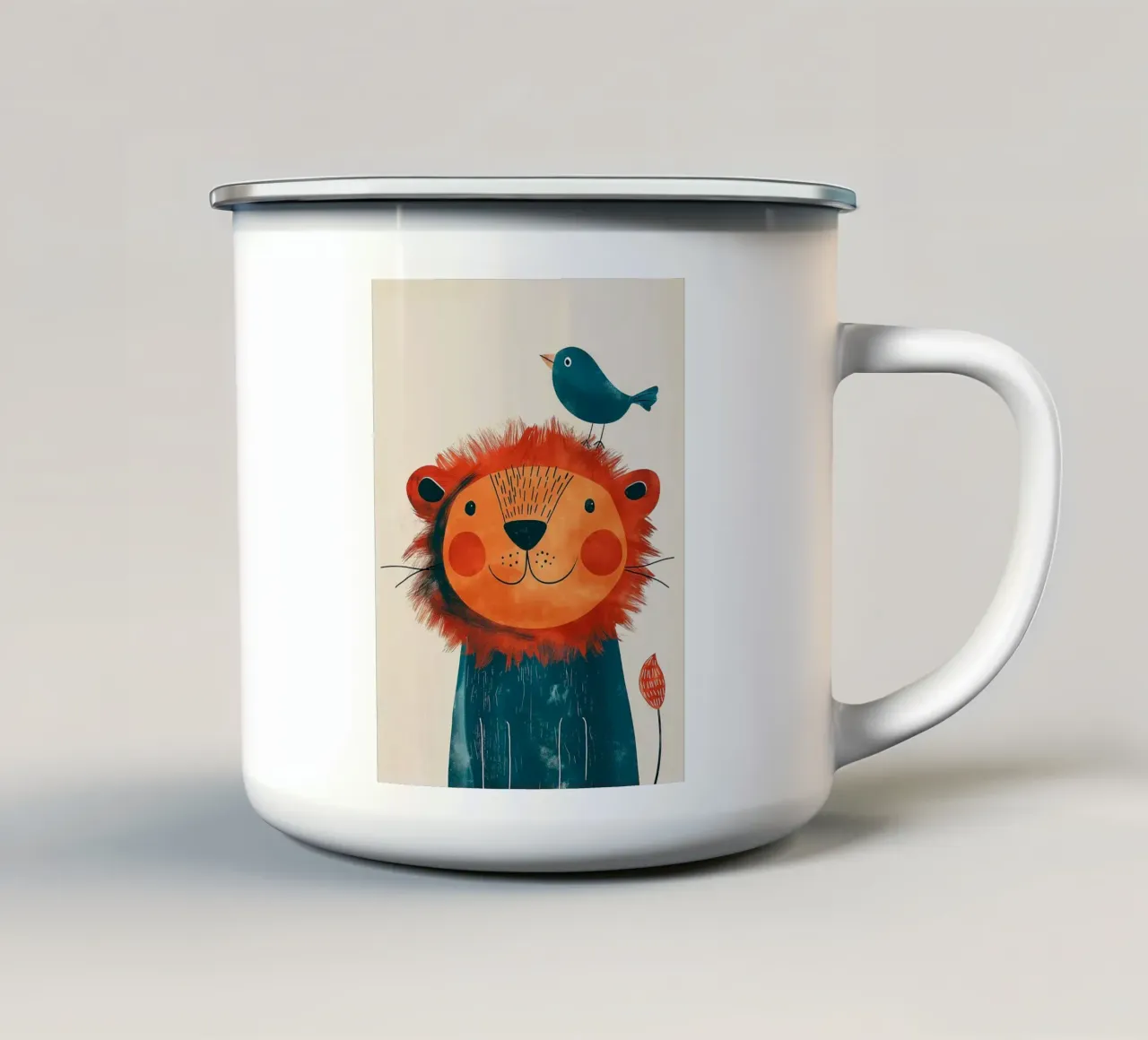 Leone gioioso con uccello tazza in smalto da Damion Francis