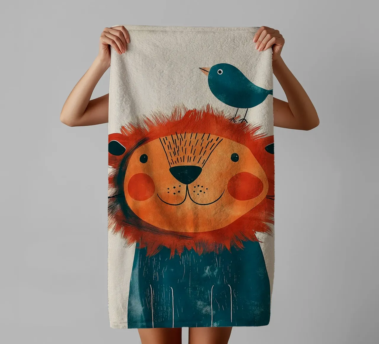 Joyful Lion with a bird towel by Damion Francis