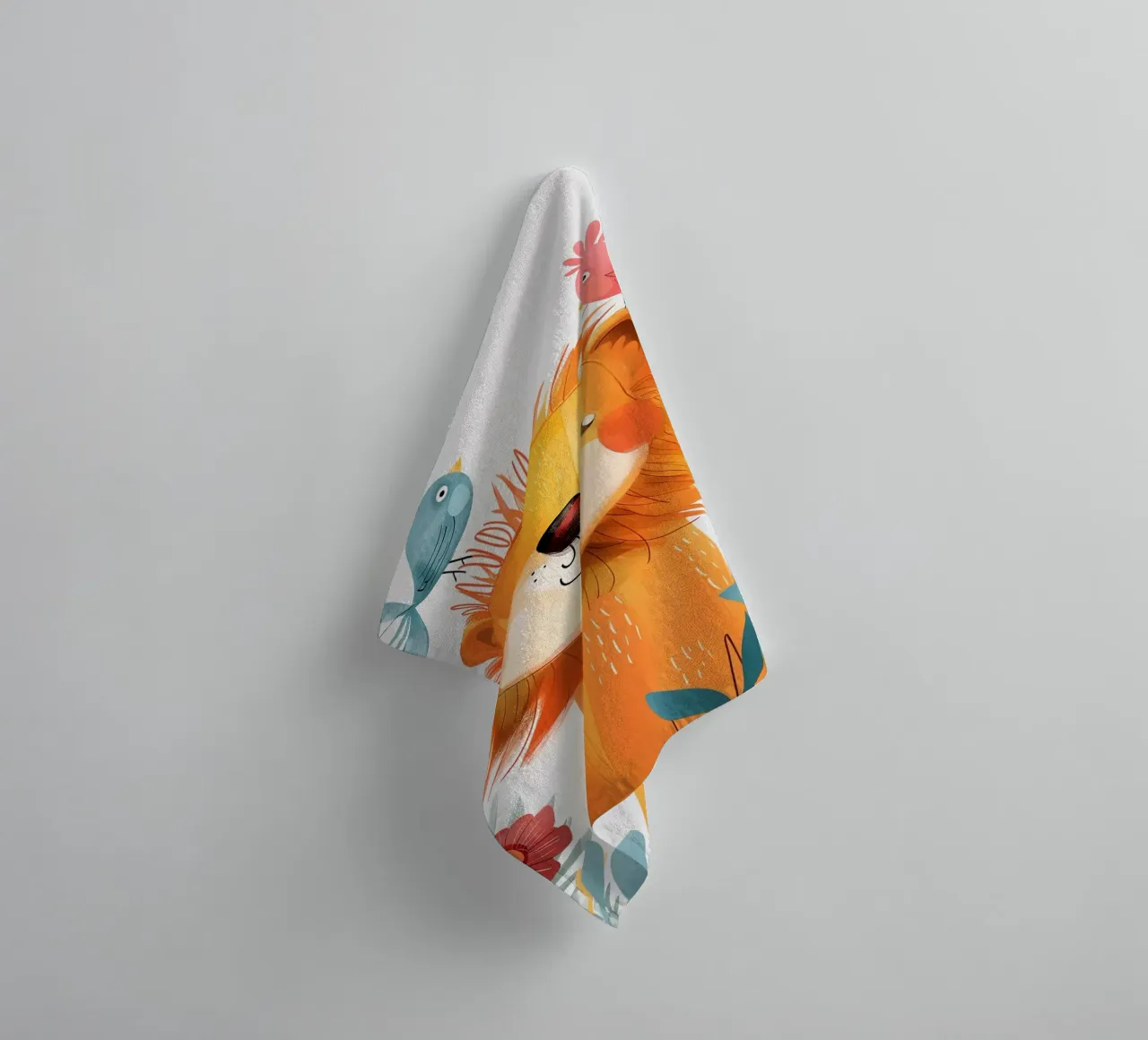 Joyful Lion with a bird towel by Damion Francis