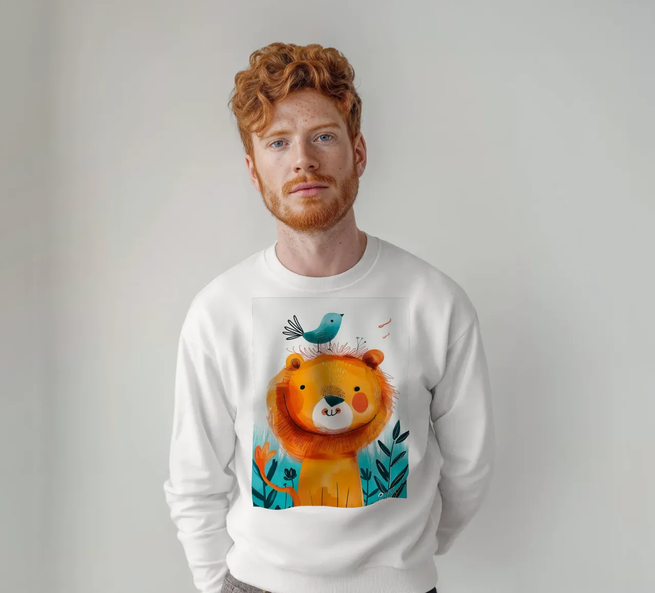 León alegre con un pájaro sudadera de Damion Francis