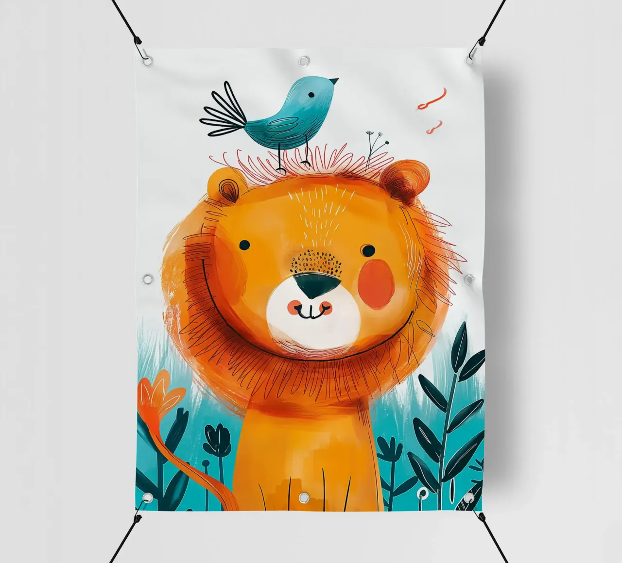 Leone gioioso con uccello telo in pvc da Damion Francis
