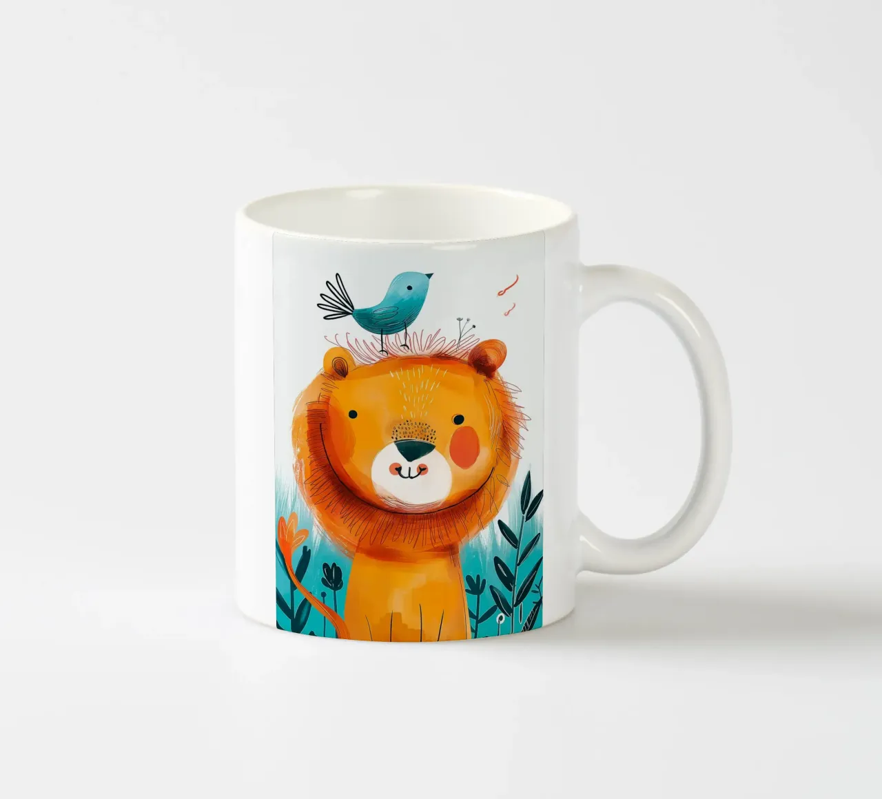 Leone gioioso con uccello tazza in ceramica da Damion Francis