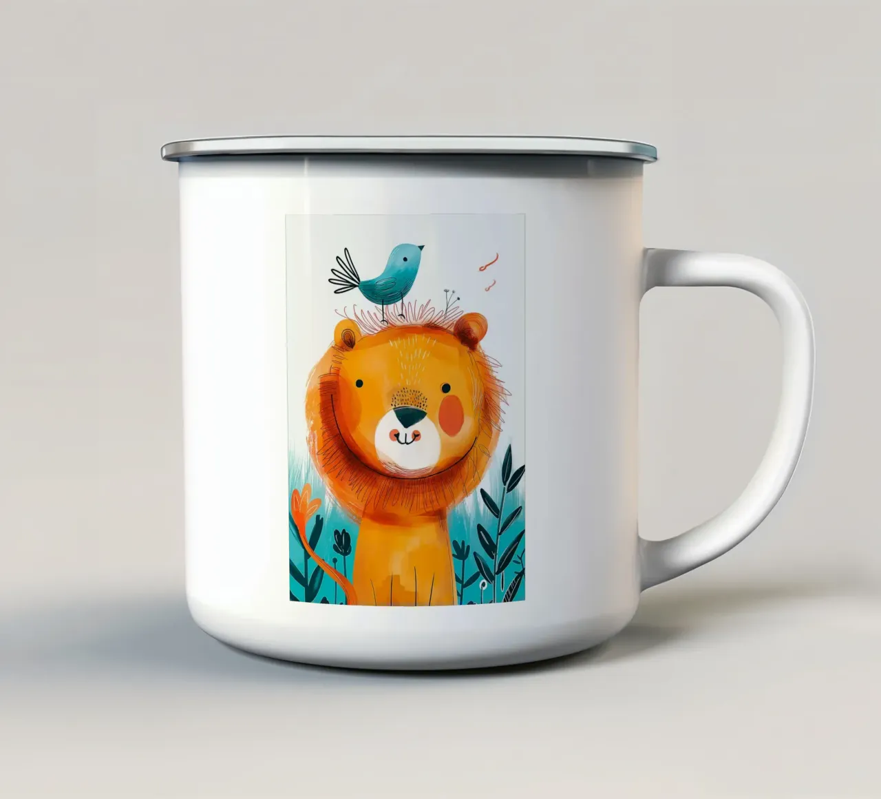 Leone gioioso con uccello tazza in smalto da Damion Francis