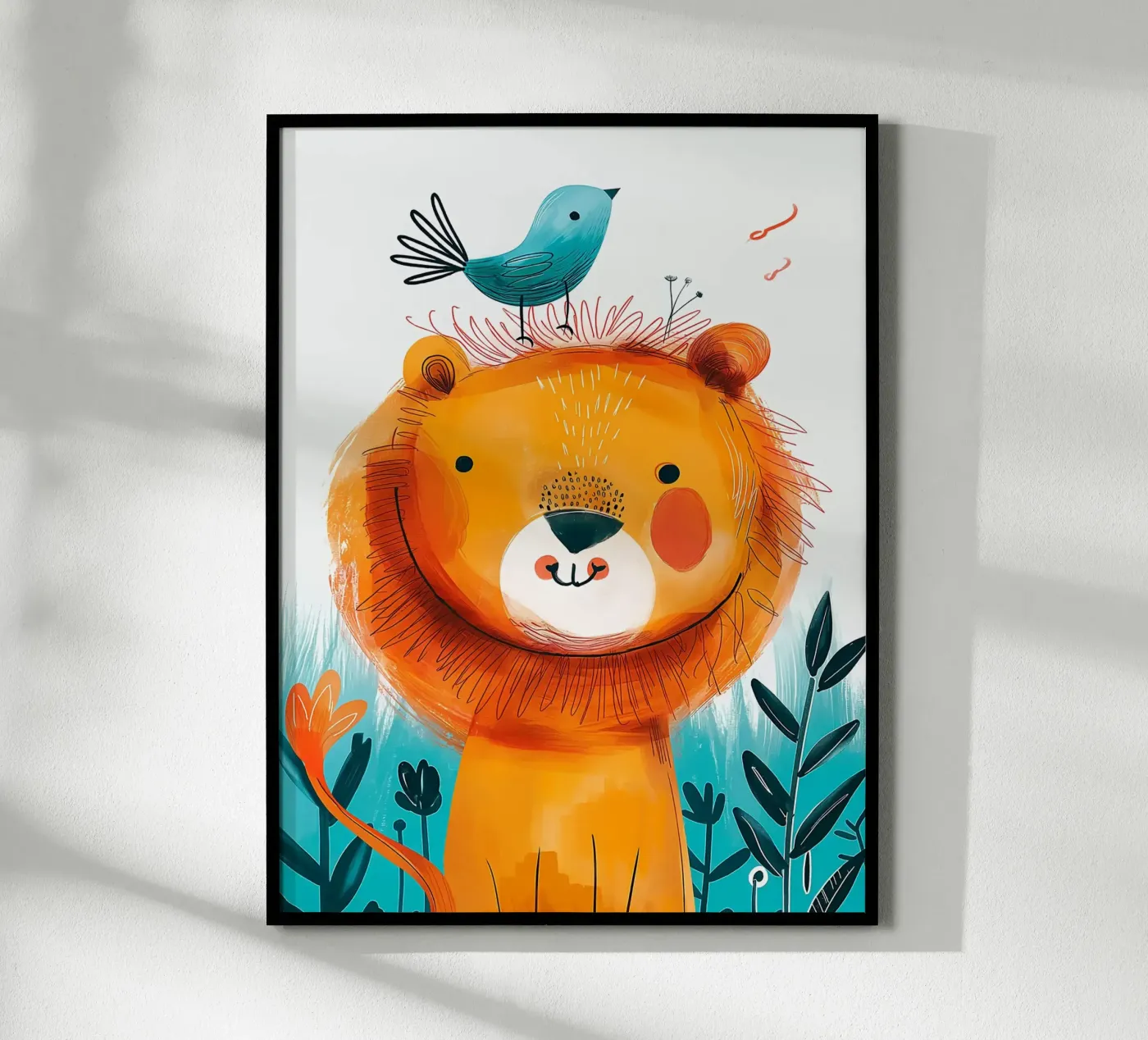Leone gioioso con uccello poster da Damion Francis