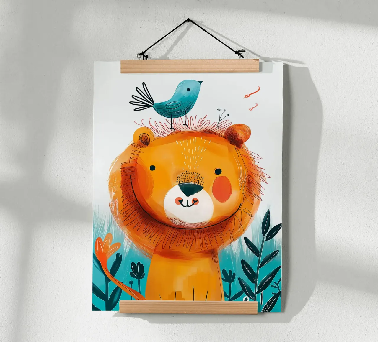 Leone gioioso con uccello carta hahnemühle da Damion Francis