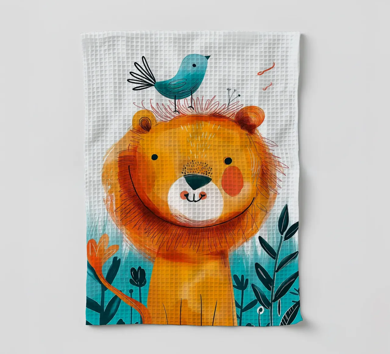 Lion joyeux avec un oiseau torchon de Damion Francis