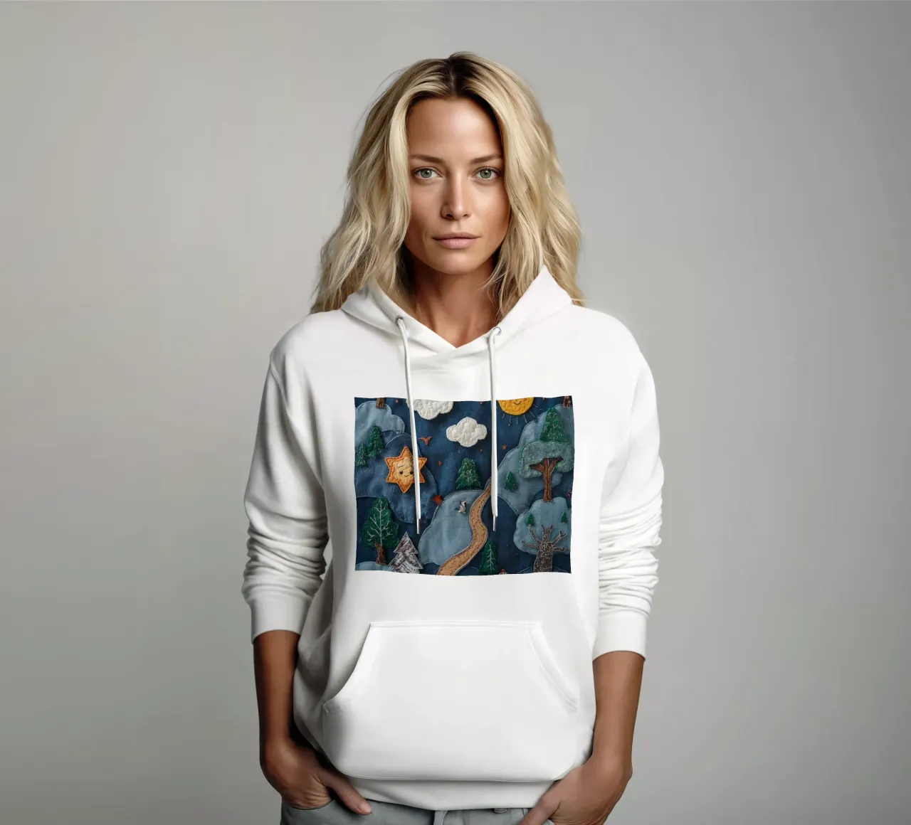 Paesaggio in collage di stoffa con elementi celesti e animali felpa con cappuccio da DesignDoodle