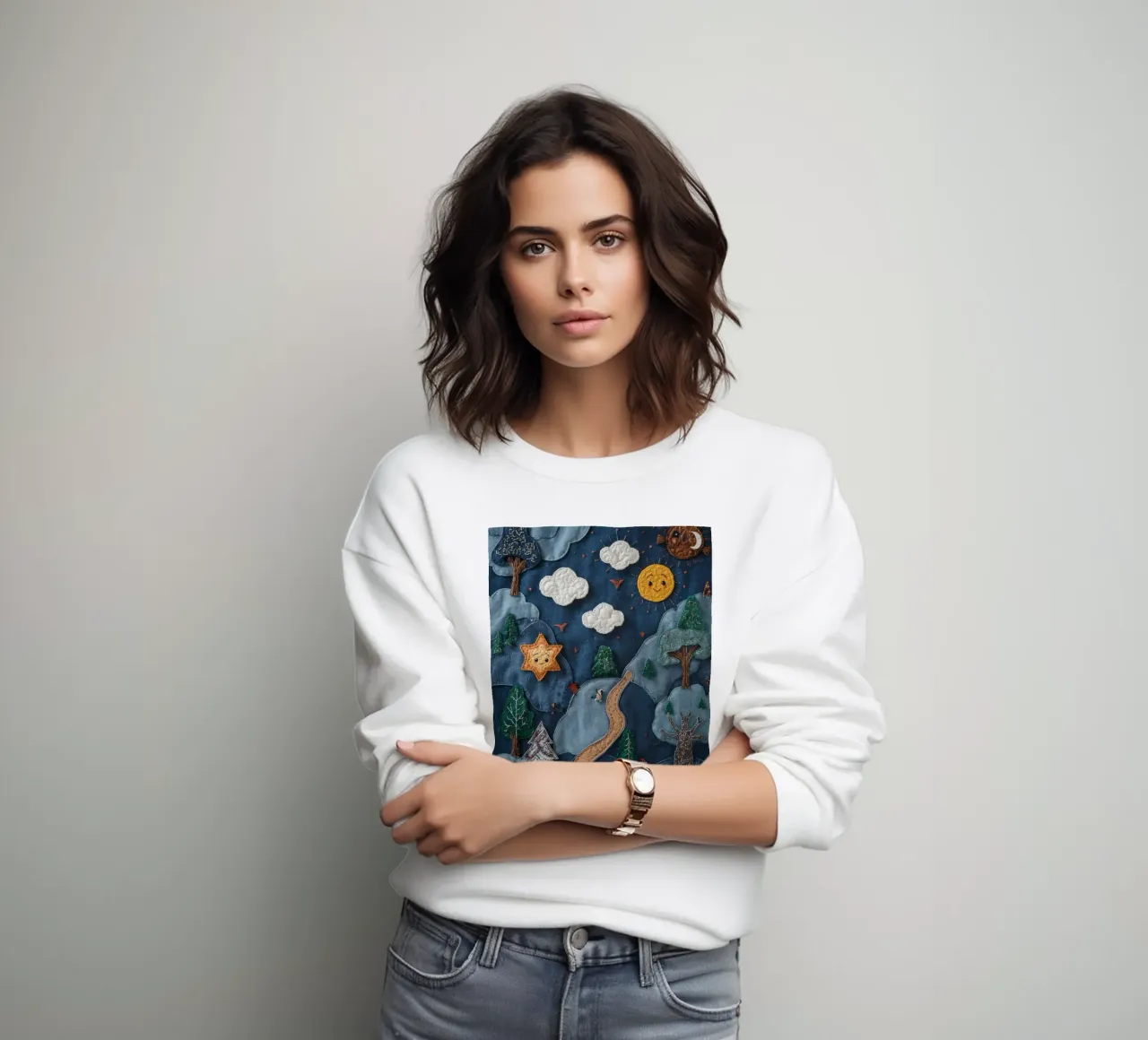 Paesaggio in collage di stoffa con elementi celesti e animali felpa da DesignDoodle