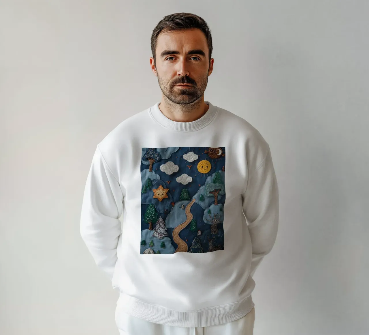 Paesaggio in collage di stoffa con elementi celesti e animali felpa da DesignDoodle