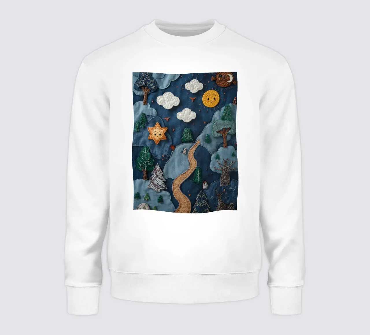 Paesaggio in collage di stoffa con elementi celesti e animali felpa da DesignDoodle