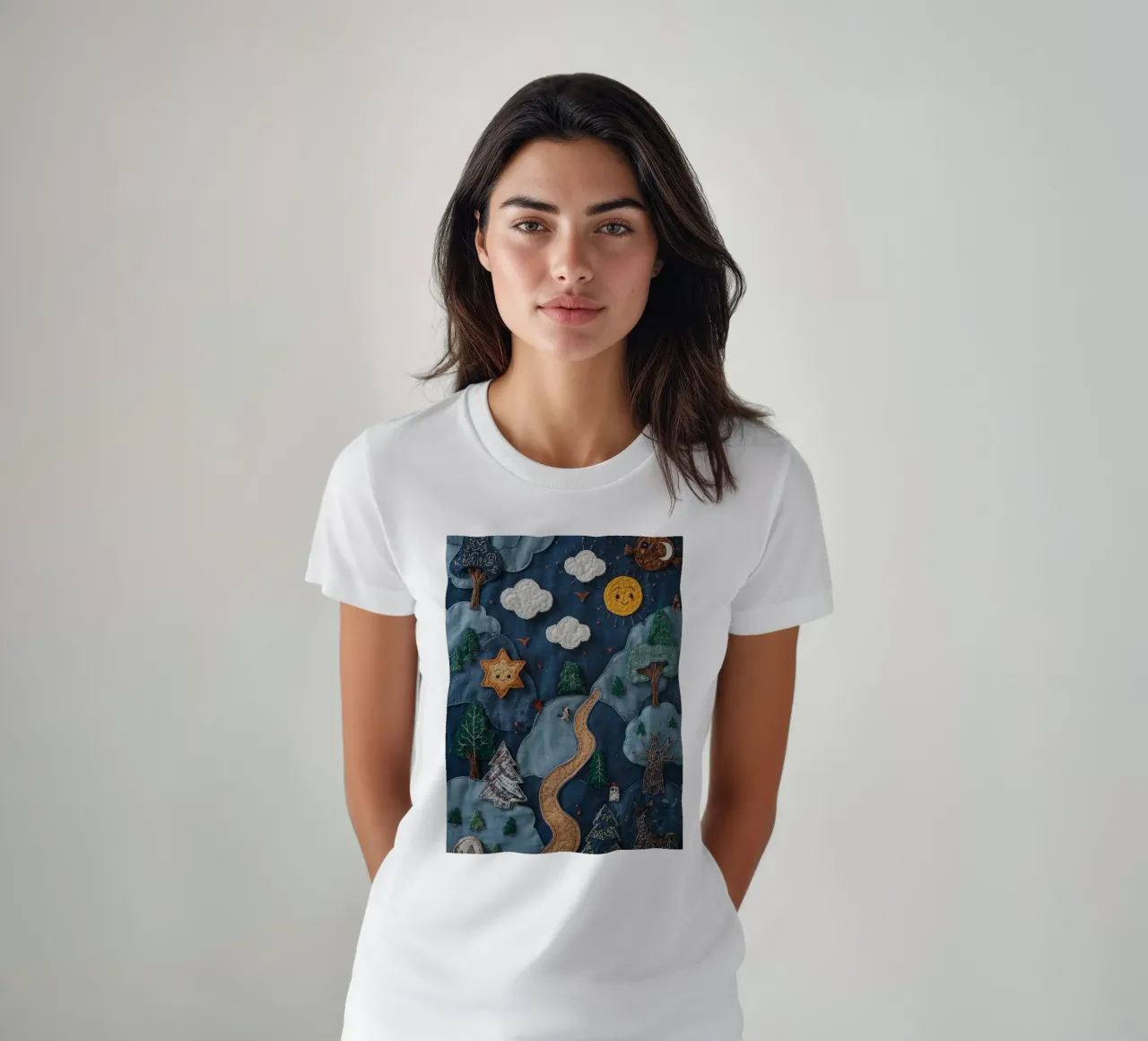 Paesaggio in collage di stoffa con elementi celesti e animali t-shirt da DesignDoodle