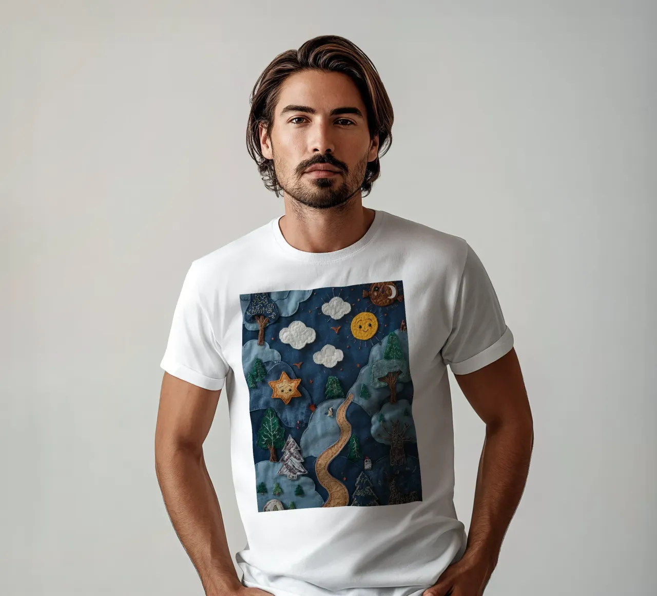 Paesaggio in collage di stoffa con elementi celesti e animali t-shirt da DesignDoodle