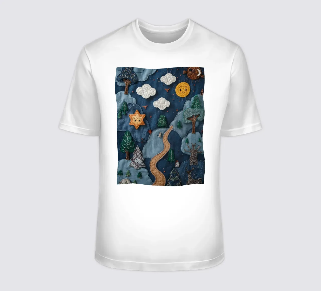 Paesaggio in collage di stoffa con elementi celesti e animali t-shirt da DesignDoodle