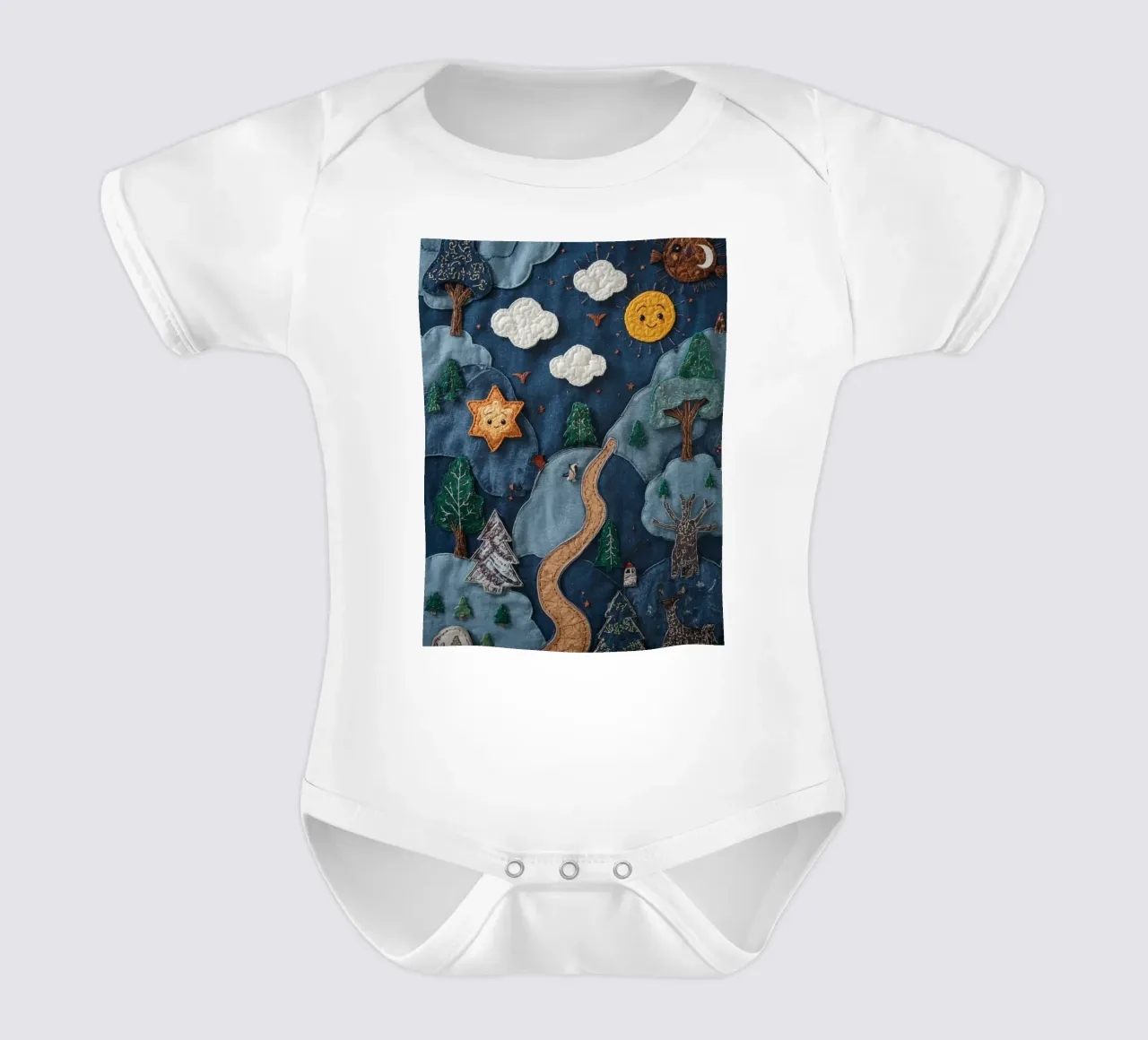 Paesaggio in collage di stoffa con elementi celesti e animali body neonato maniche corte da DesignDoodle
