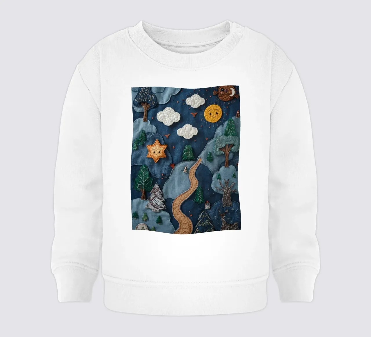 Paesaggio in collage di stoffa con elementi celesti e animali felpa neonato da DesignDoodle