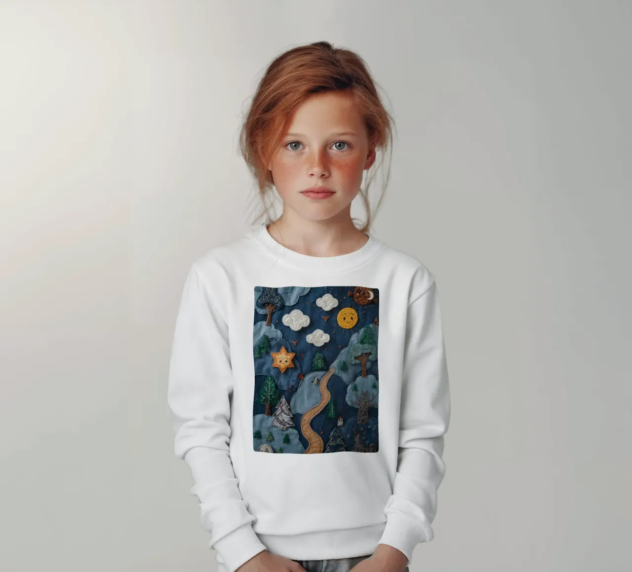 Paesaggio in collage di stoffa con elementi celesti e animali felpa bambino da DesignDoodle