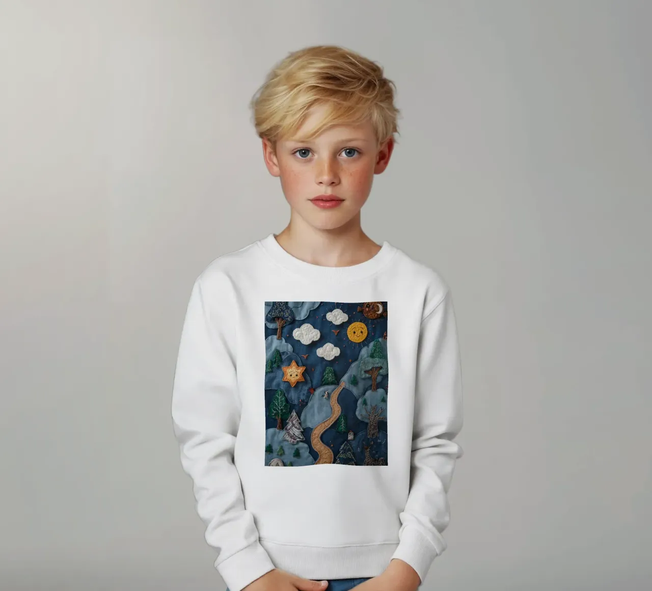 Paesaggio in collage di stoffa con elementi celesti e animali felpa bambino da DesignDoodle