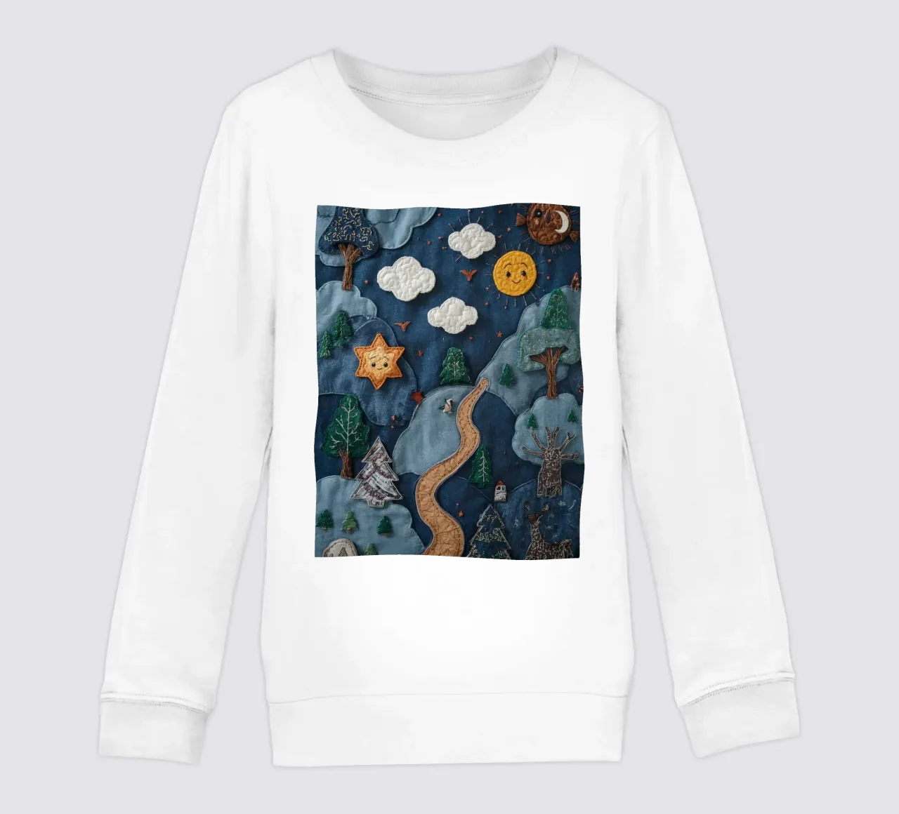 Paesaggio in collage di stoffa con elementi celesti e animali felpa bambino da DesignDoodle
