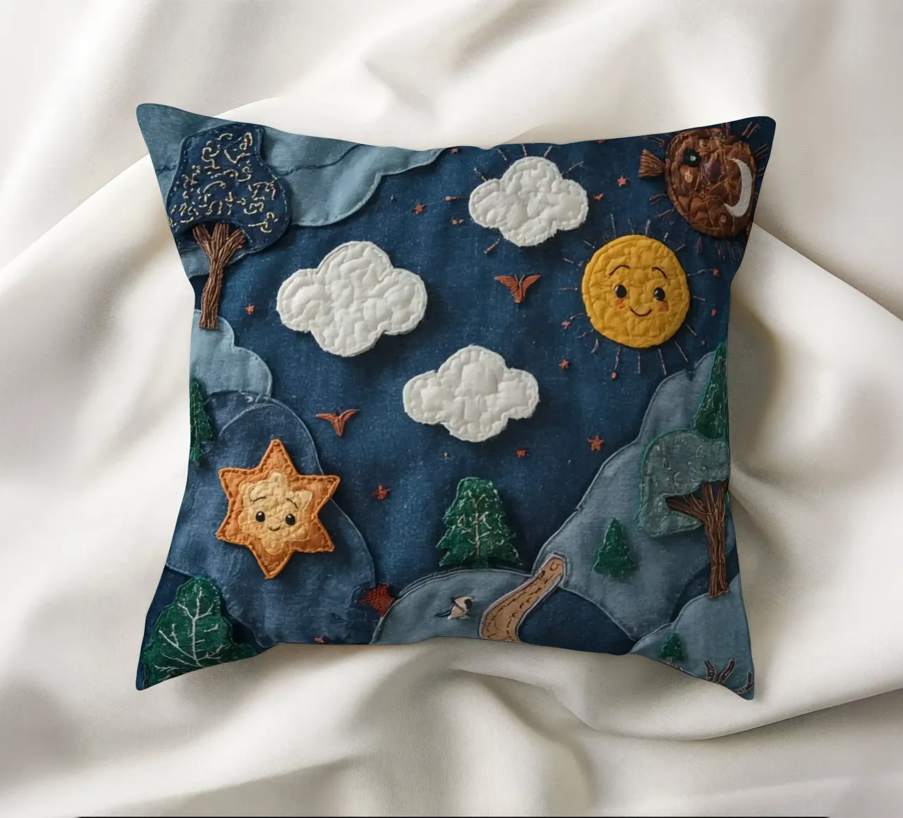 Paesaggio in collage di stoffa con elementi celesti e animali cuscino da DesignDoodle