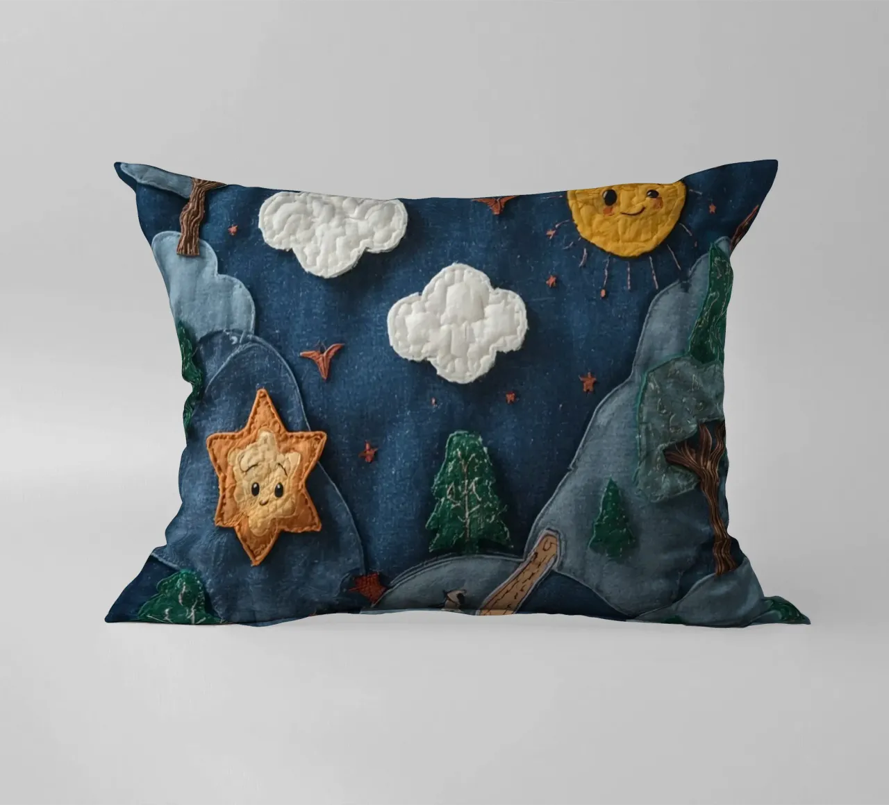 Paesaggio in collage di stoffa con elementi celesti e animali cuscino da DesignDoodle