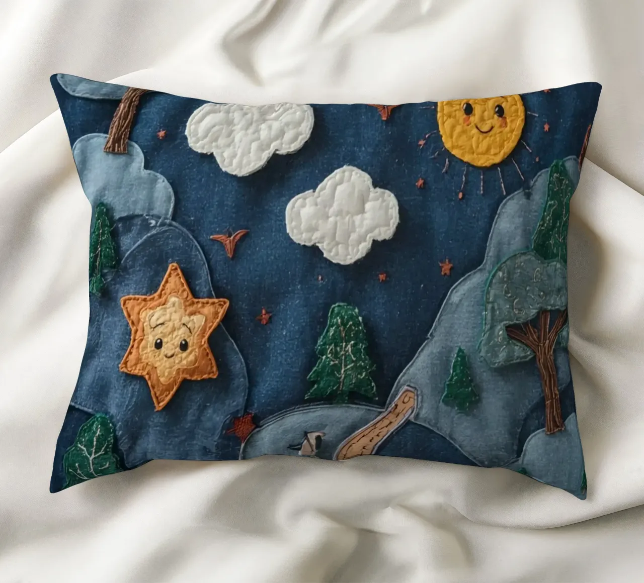 Paesaggio in collage di stoffa con elementi celesti e animali cuscino da DesignDoodle