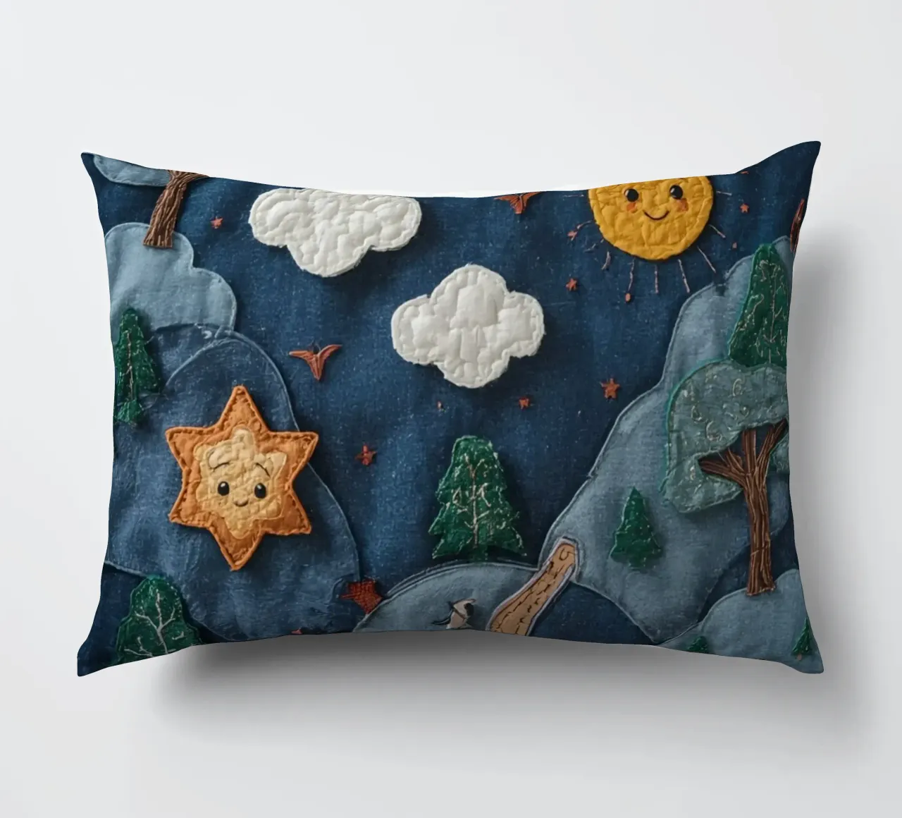 Paesaggio in collage di stoffa con elementi celesti e animali cuscino da DesignDoodle
